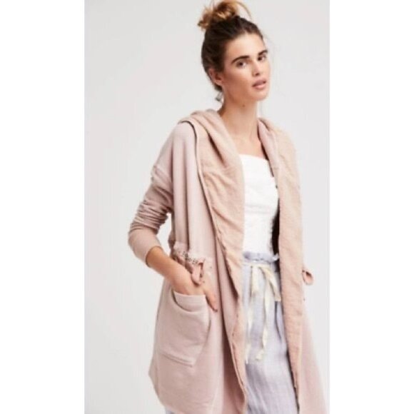 Free People Pink Relaxed Hooded Cardigan Jacket S Boho Coquette Coastal Grandma